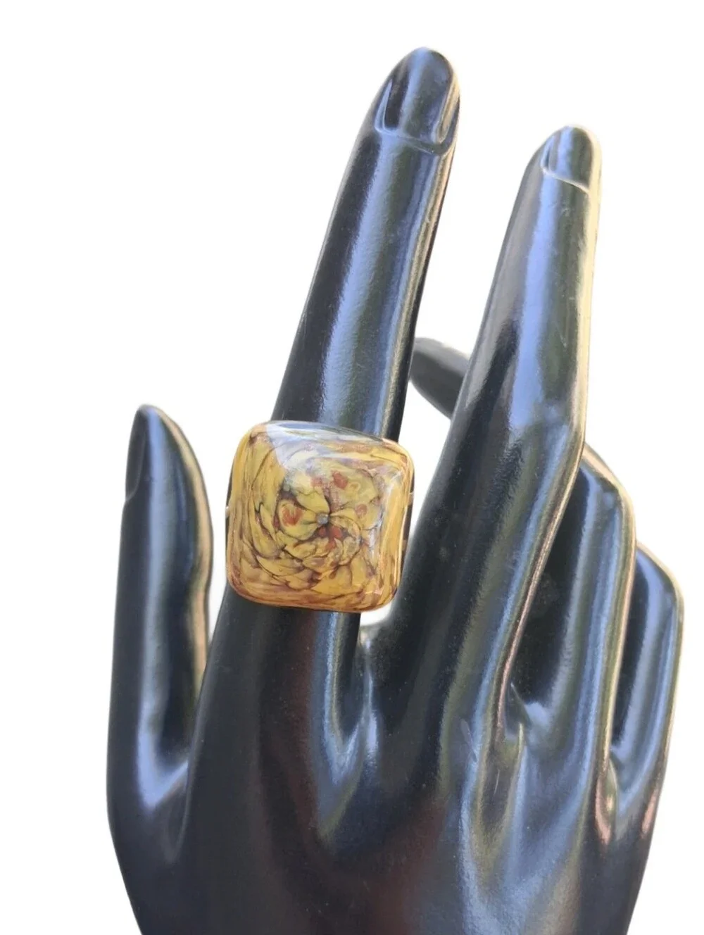 Vintage Murano Glass Square Statement Ring - Earthy Swirl Adjustable Band